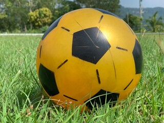 Close up shot of soccer ball on grass