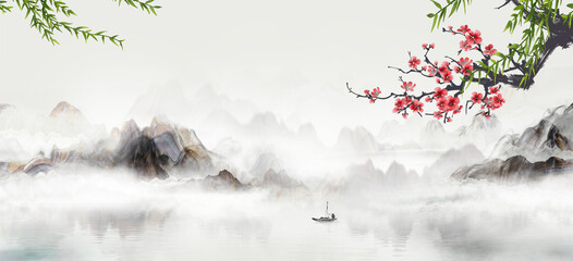 Chinese ink landscape plum blossom background picture © 心灵艺坊