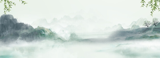 Chinese style blue artistic conception ink landscape illustration book - obrazy, fototapety, plakaty