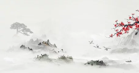 Zelfklevend Fotobehang Chinese ink landscape plum blossom background picture © 心灵艺坊