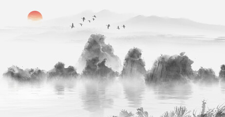 The artistic conception and elegant background of Chinese style ink landscape painting