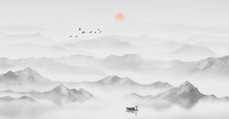The artistic conception and elegant background of Chinese style ink landscape painting