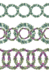 Set seamless border watercolor circle chain for frame. Abstract branch with flower lavender or lilac and leaves on white background. Hand-drawn summer plant. Wedding invitation, wrapping sticker