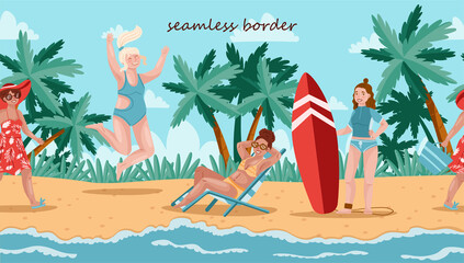 Girls on the beach walk, jump and sunbathe against the backdrop of palm trees and grass. Drawn in cartoon style. Vector illustration for designs, prints, patterns. Summer landscape in the background