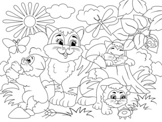 Fototapeta na wymiar Mother cat and kittens play. Nature on the background. Vector illustration, children coloring book.