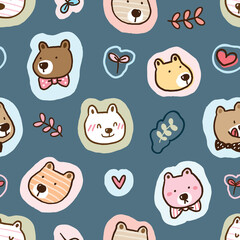 Seamless Pattern with Hand Drawn Cartoon Bear Face, Leaf and Heart Design on Deep Blue Background
