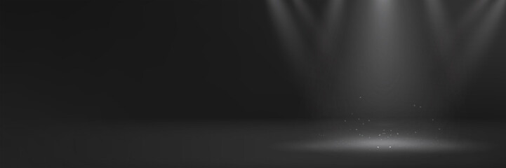 Dark gray backdrop shooting set stage with spotlights and light sparkles for website banner, product presentation, callout text announcements and elemental design showcase © Gejsi