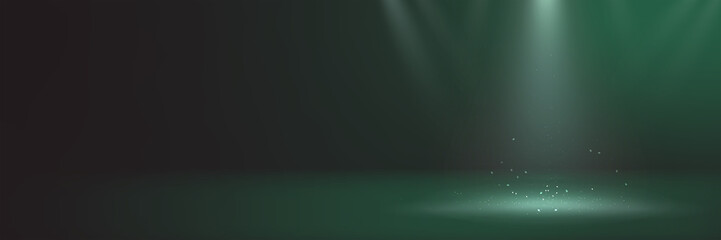 Dark green backdrop shooting set stage with spotlights and light sparkles for website banner, product presentation, callout text announcements and elemental design showcase © Gejsi