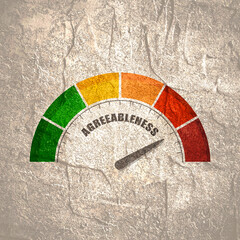 Personality trait of agreeableness measuring device with arrow and scale. - obrazy, fototapety, plakaty