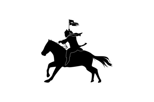 Film Reel with Horse Knight Silhouette, Medieval Warrior Horseback bring War Banner Flag for Epic Colossal Movie Cinema Production logo design