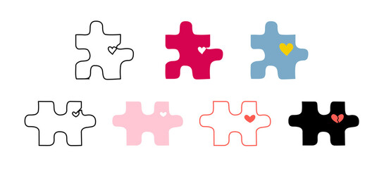 Set of various jigsaw puzzle pieces with little hearts in flat style for marriage therapy website or invitation design