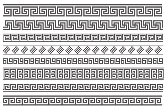 Greek style seamless frames. Geometric border set. Vector ornament pattern. Mediterranean decor elements.
