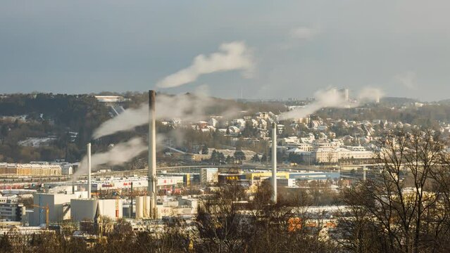 Ulm commercial zone and district heating central plant in winter time lapse