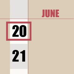 june 20. 20th day of month, calendar date.Beige background with white stripe and red square, with changing dates. Concept of day of year, time planner, summer month