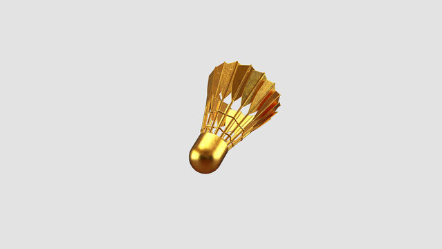 A golden shuttlecock floats in the air. 3D rendering of a shuttlecock with gold foil on the surface. Promotion of sporting events or badminton matches.