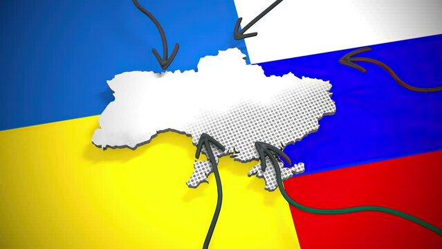 Ukraine map with arrows coming in animation, Russian invasion.
