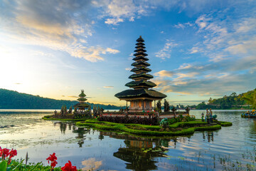 Sunrise at Pura Ulun Danu Beratan Bedugul temple on a lake in Bali, Indonesia