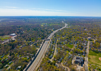 Arlington Heights suburban landscape and Massachusetts Route 2 aerial view in spring in historic town of Arlington, Massachusetts MA, USA. 