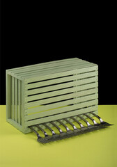 Abstract still life with a wooden box and forks on a colored background