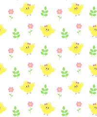 Seamless pattern with cute fluffy chicken baby, flowers and twigs.