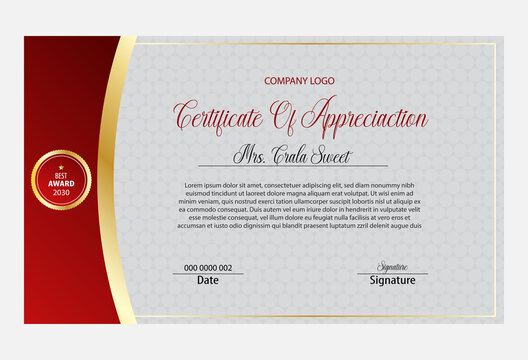 Modern black red template certificate with gold badge. Vector Premium