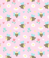 Tafelkleed Seamless pattern of daisy flowers, bees, flowers and hearts on pink background. © Julia G art