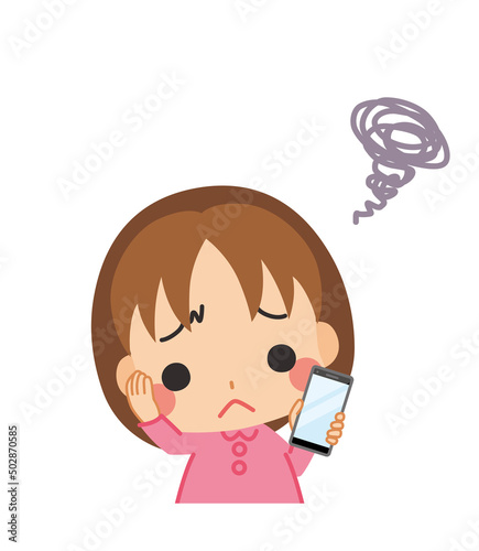 スマホを持って悩んでいる可愛い小さな女の子のイラスト 白背景 クリップアート 上半身 ベクター Aged Wall Mural Ag ぽこたぽこ