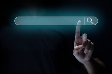 Search technology, search engine optimization, man's hand using virtual screen to search...