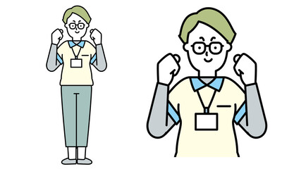 ガッツポーズをしているユニフォームを着た女性の介護士の全身イラスト素材。