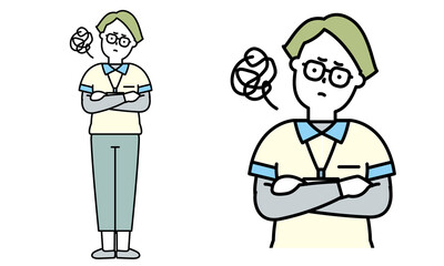 腕を組んで悩んでいるユニフォームを着た女性の介護士の全身イラスト素材。