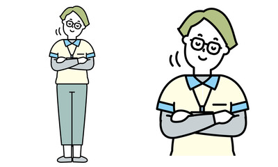 腕組みしてうなずいているユニフォームを着た女性の介護士の全身イラスト素材。