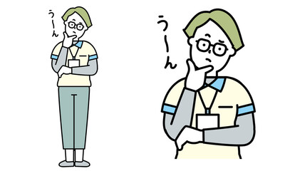 顎に手をあて考えているユニフォームを着た女性の介護士の全身イラスト素材。