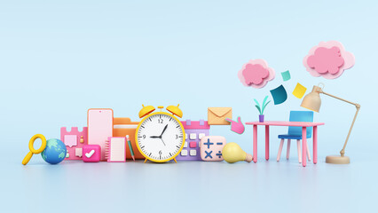 desk work at home or at office online time manage study schedule. business education with stationery are floor lamp, smartphone, calendar, notebook and clock object colorful pastel. 3D illustration.