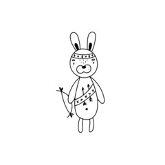 Cute scandinavian hare in doodle style. Vector illustration in black and white on a white background for your design