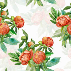 Pattern seamless of peonies.Watercolor illustration.Image on white and colored background.