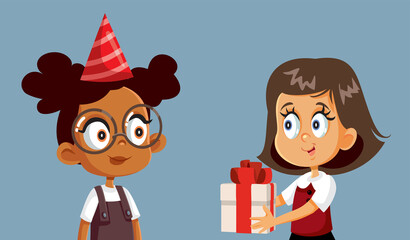 Girl Giving a Birthday Gift to her Friend Vector Cartoon Illustration