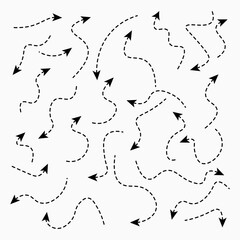 Set of hand drawn dashed arrows. Vector illustration. Grunge sketch of arrows isolated