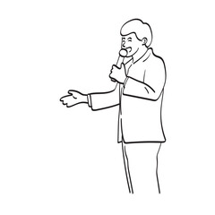 businessman speaking with microphone presenting copy space illustration vector hand drawn isolated on white background line art.