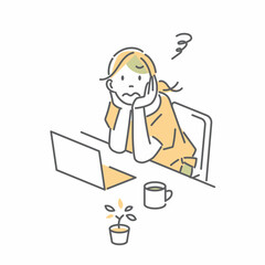自宅でパソコン作業をする女性　シンプルでお洒落な線画イラスト