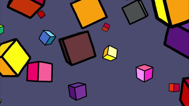 Cubes cartoon 3d different color flying with linear doodle black outline animation rotation isolated. 60s seamless loop version on dark background. Motion design infograhics elements.
