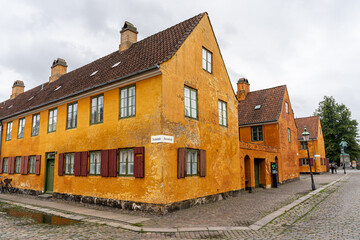Beautiful view of the Old orange houses in the famous Nyboder district. Copenhagen. Denmark
