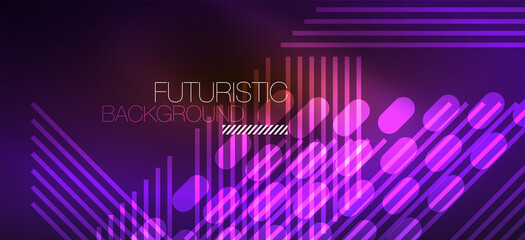 Background neon glowing lines and geometric shapes. Lights in the dark wallpaper for concept of AI technology, blockchain, digital, communication, 5G, science