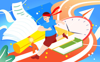 Boy running on the track next to acceptance letter and book, vector illustration