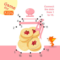 Connect dots from 1 to 15. Educational game. Activity page for kids. Vector illustration. Cookies in glass jar. 