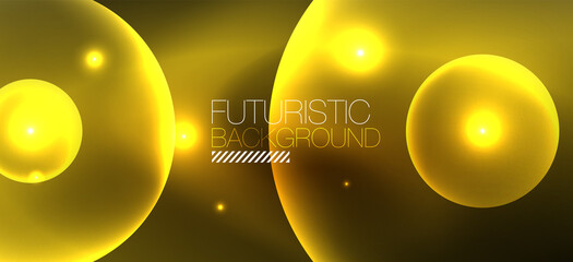Shiny neon geometric abstract background. Glowing lights on round shapes, triangles and circles. Wallpaper for concept of AI technology, blockchain, communication, 5G, science, business