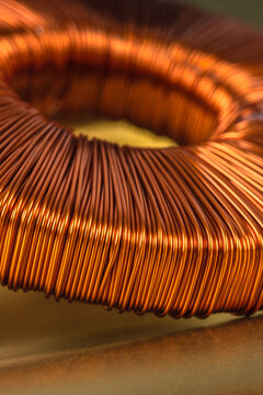 Electric transformer copper coil inductor close-up