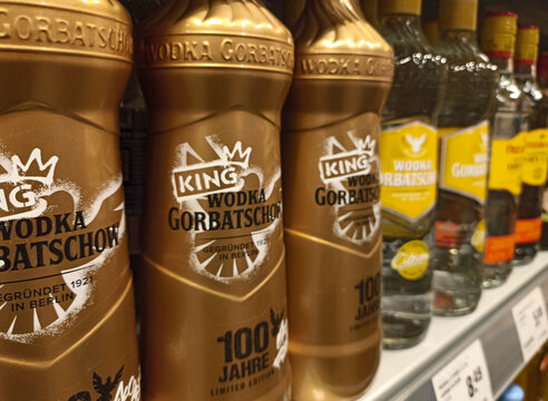 Bottles of Gorbatschow vodka in the Rewe supermarket