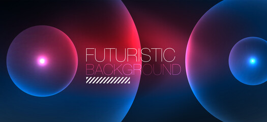 Shiny neon geometric abstract background. Glowing lights on round shapes, triangles and circles. Wallpaper for concept of AI technology, blockchain, communication, 5G, science, business