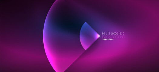Shiny neon geometric abstract background. Glowing lights on round shapes, triangles and circles. Wallpaper for concept of AI technology, blockchain, communication, 5G, science, business