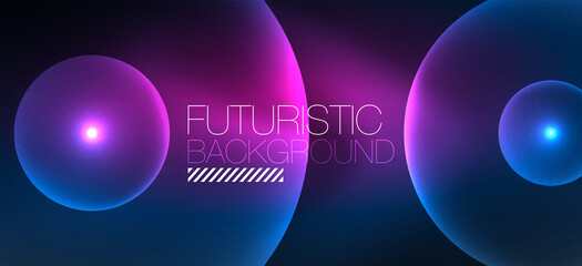 Shiny neon geometric abstract background. Glowing lights on round shapes, triangles and circles. Wallpaper for concept of AI technology, blockchain, communication, 5G, science, business
